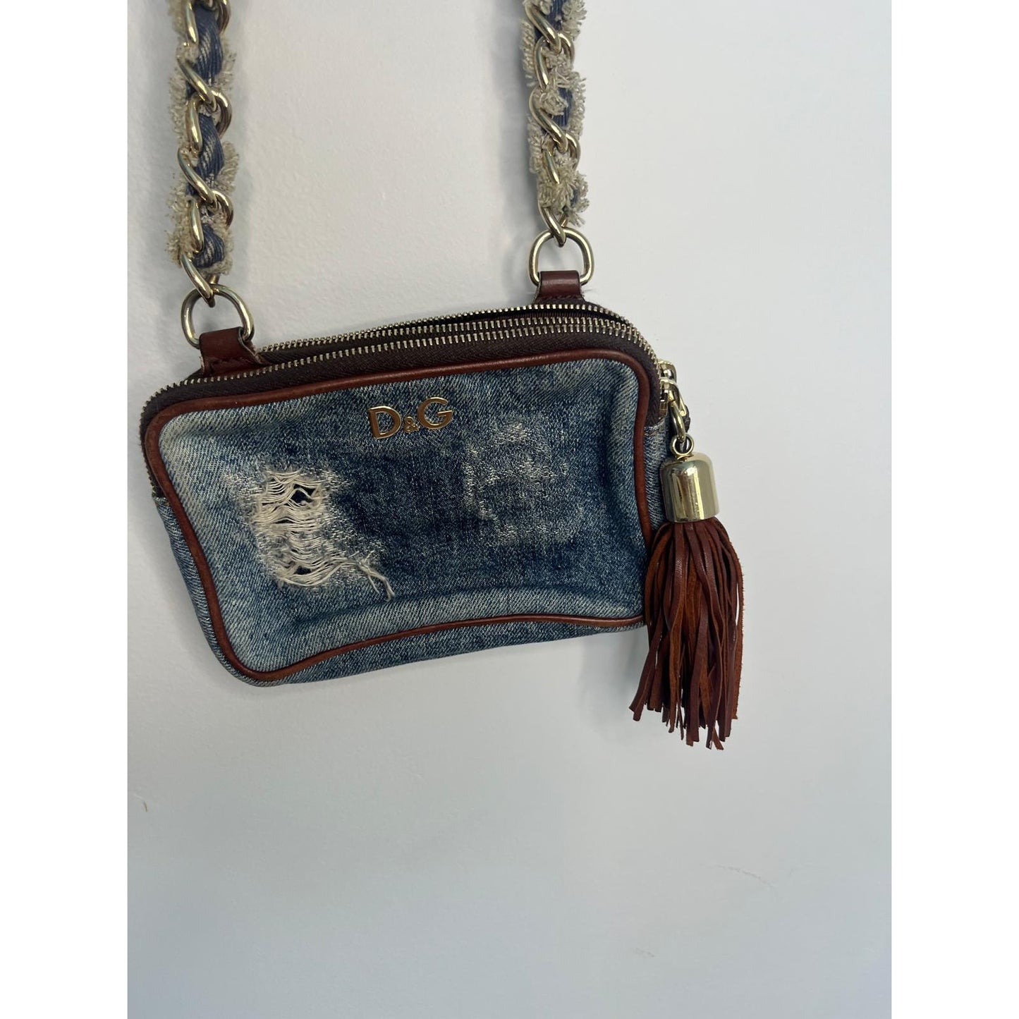 Dolce & Gabbana Denim Mini Crossbody Bag Distressed Tassel Chain Strap