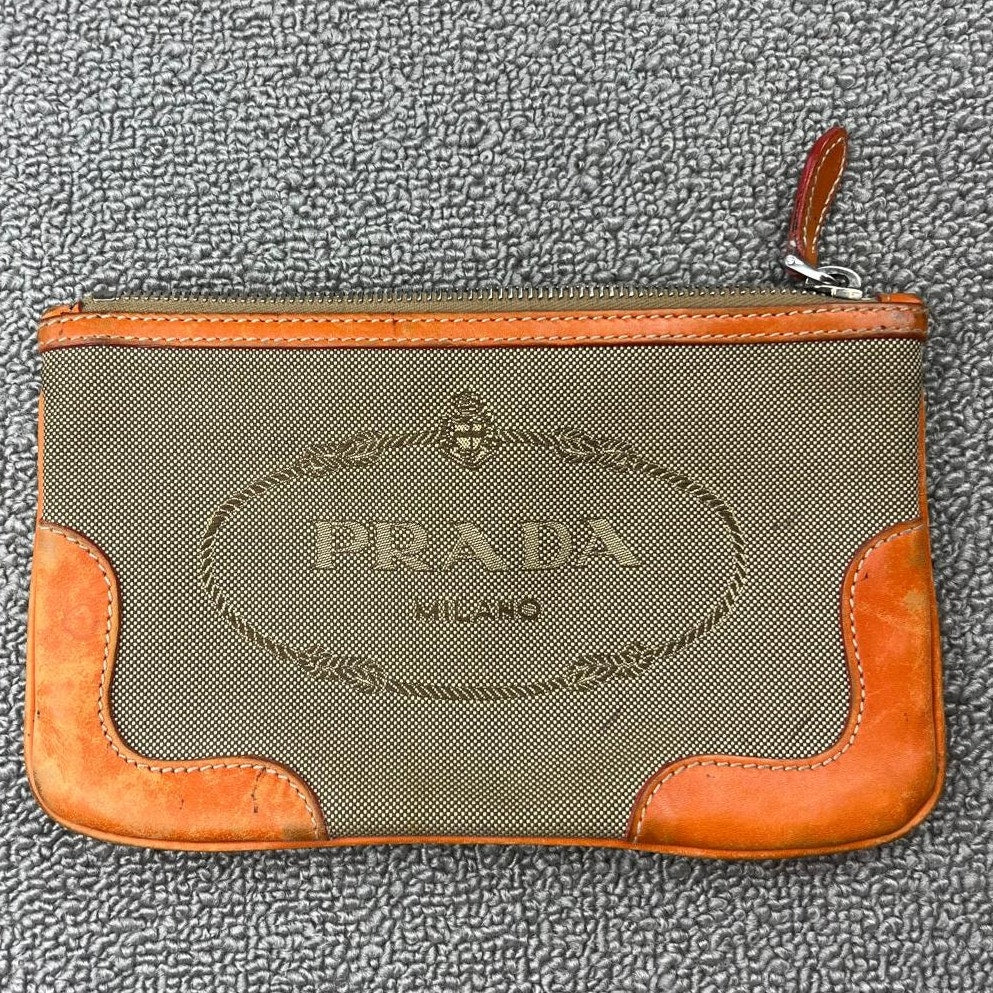 Authentic Prada Jacquard Pouch in Brown/Beige Canvas and Orange Leather Rare