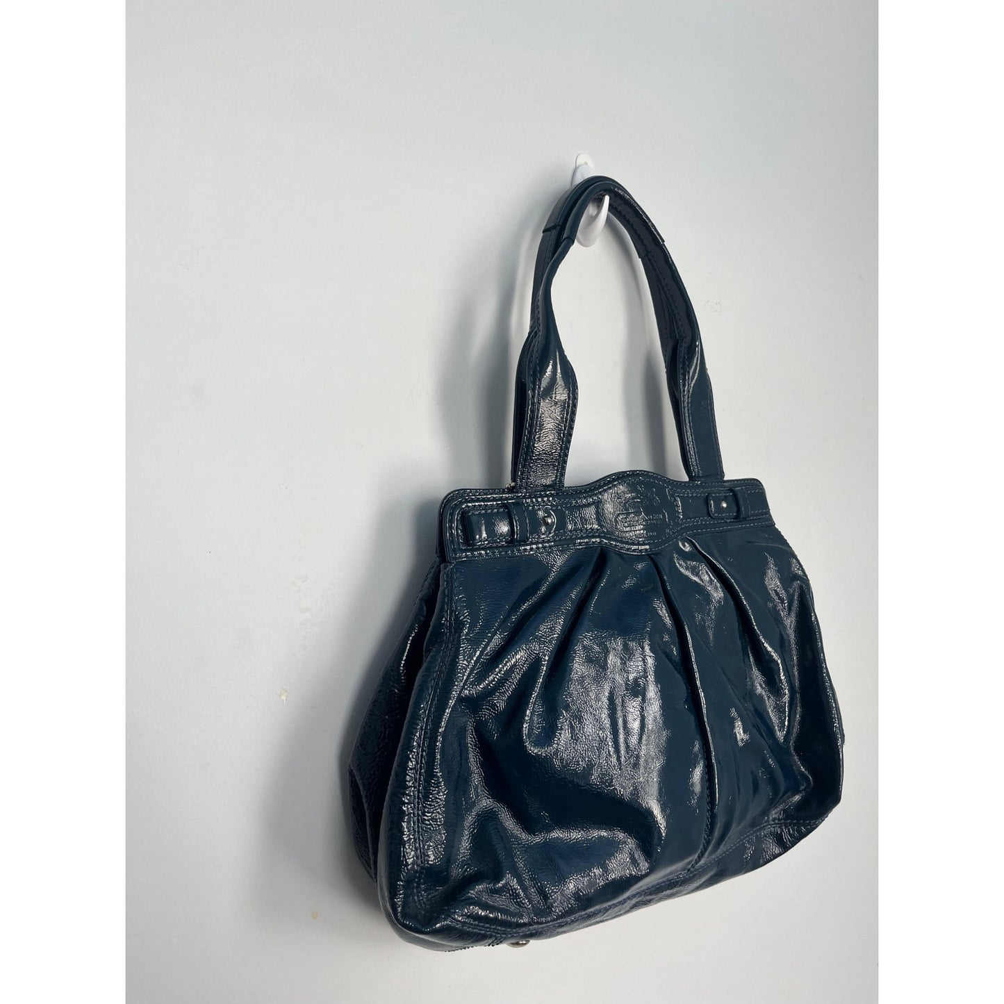 Coach Patent Leather Vintage Shoulder Bag Women Navy Pleated Turnlock Tote