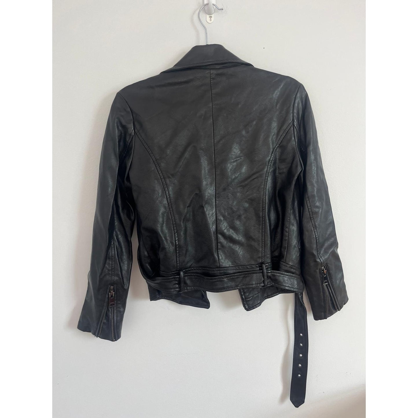 Elodie Faux Leather Moto Jacket Women XS Black Biker Zip Belted