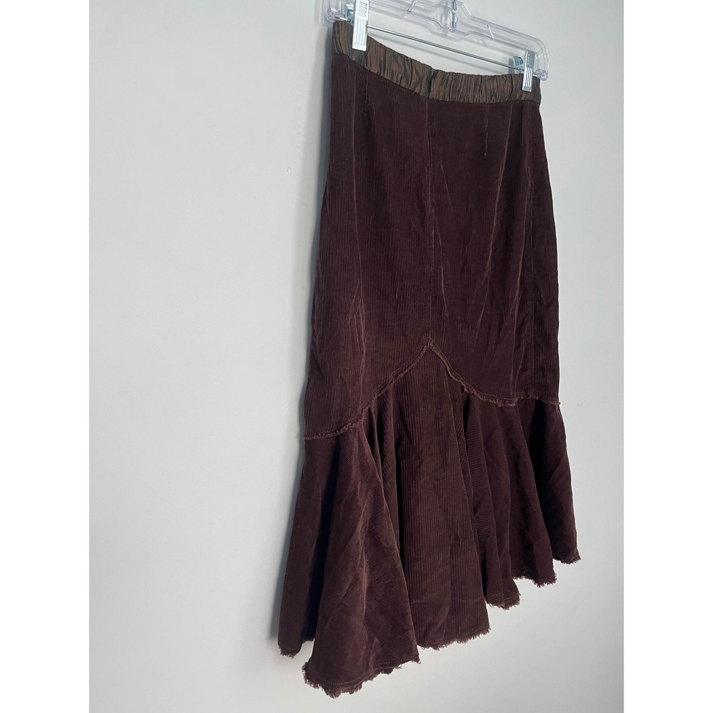 Free People Corduroy Skirt Women 0 Brown Floral Embroidered Ruffle Hem Boho