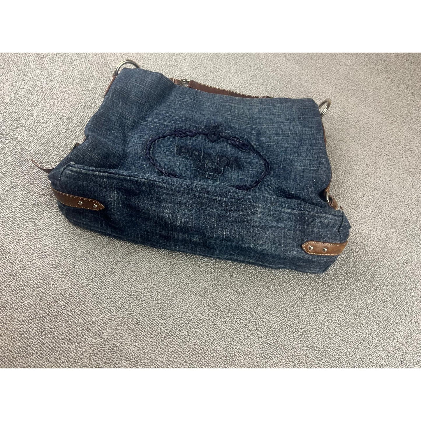 Authentic Prada Milano Blue Women's Washed Denim Logo Hobo Handbag
