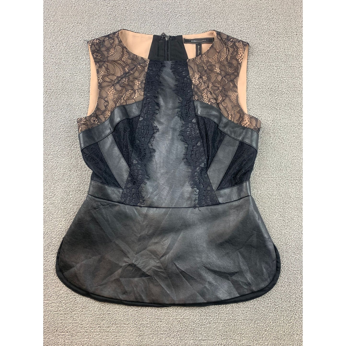 BCBGMAXAZRIA Women XXS Faux Leather Black Lace Peplum Top