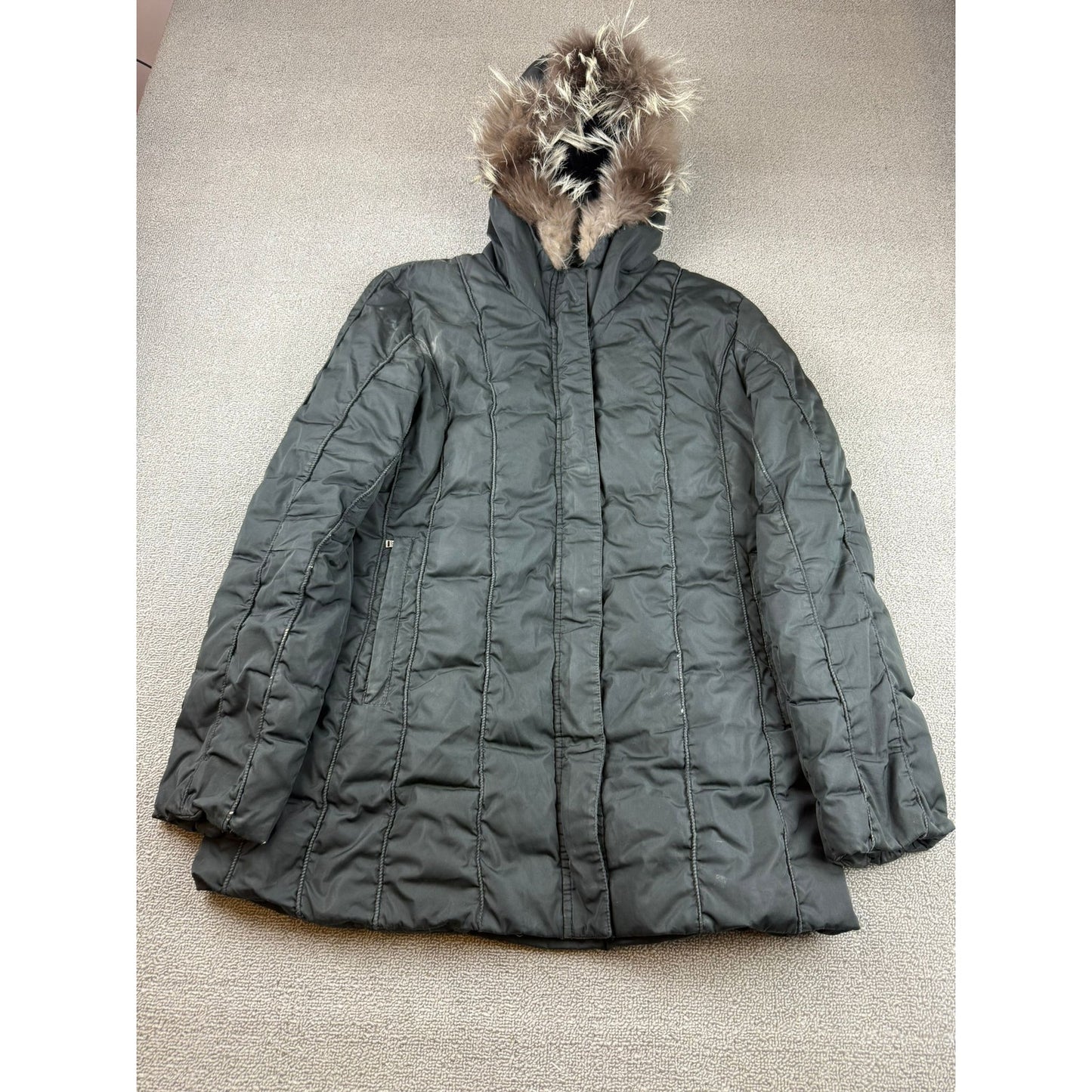 Post Card Women's Medium Black Hooded Fur Trim Puffer Coat
