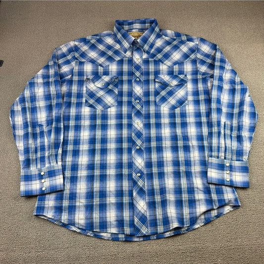 Wrangler Shirt Men's Medium Long Sleeve Pearl Snap Blue Plaid Cowboy Western