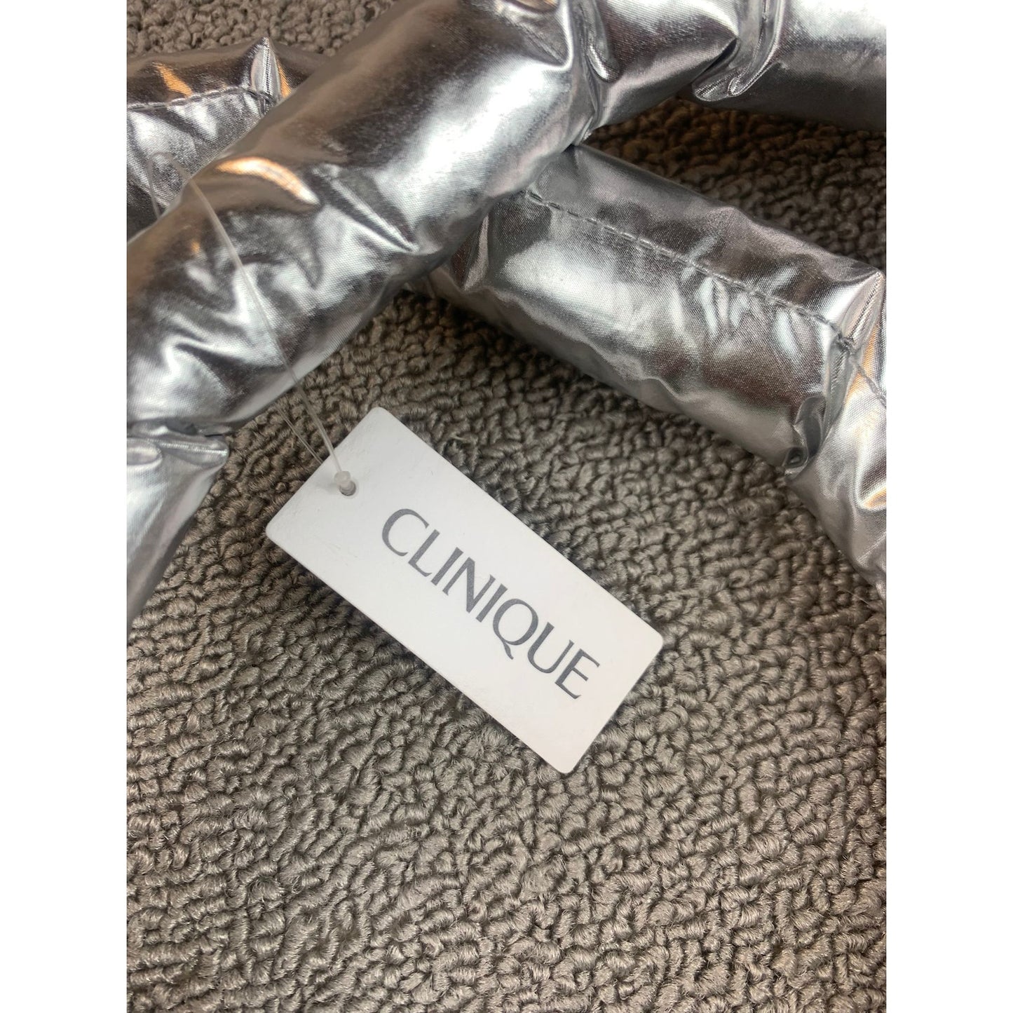 Clinique Women Small Silver Mint Green Puffer Quilted Tote Bag Cosmetic Pouch