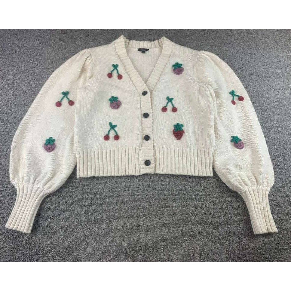 Rails Cardigan Women M Cream Button Front Cherry Strawberry Knit Puff Sleeve