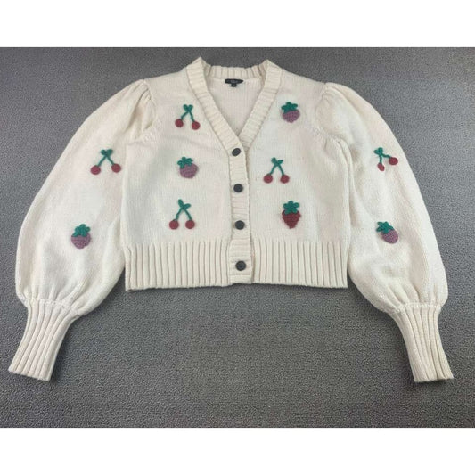 Rails Cardigan Women M Cream Button Front Cherry Strawberry Knit Puff Sleeve