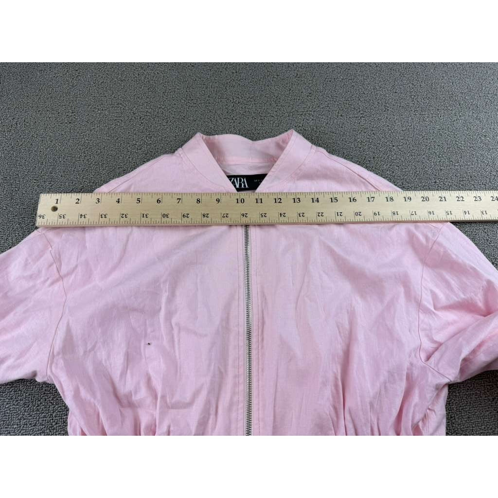 Zara Cropped Jacket Women S Pink Zip Front Elastic Hem Long Sleeve Ribbed Cuffs