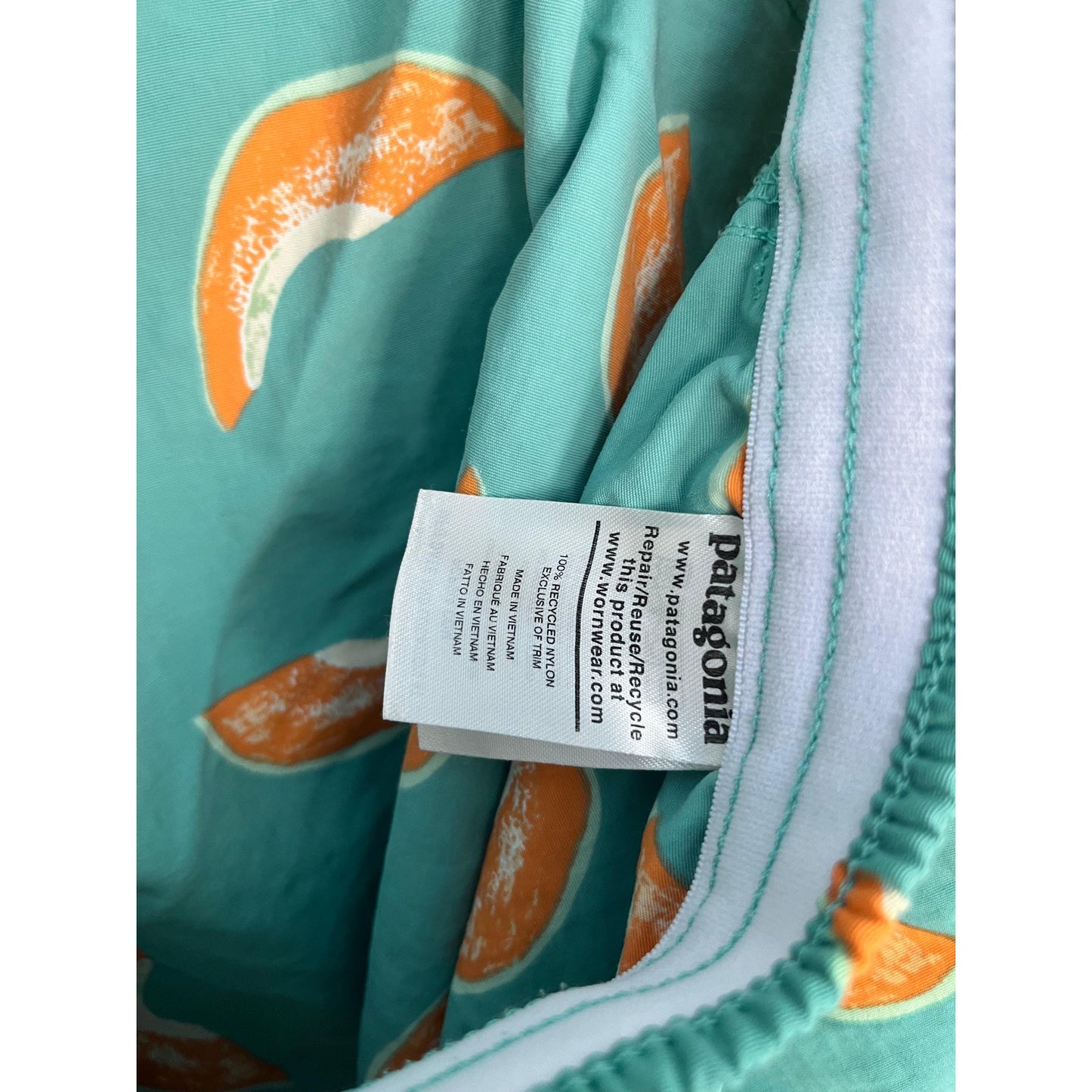 Patagonia Swim Trunks Women XL Green Orange Fruit Print Board Shorts