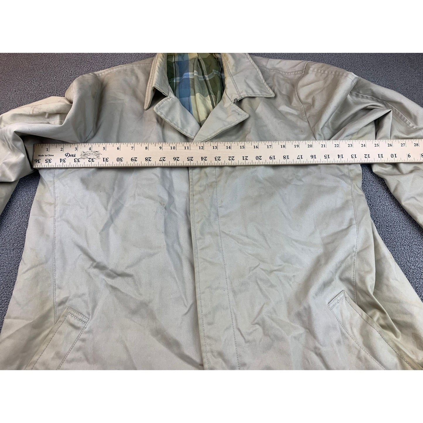 J. Crew Men's XL Beige Green Blue Full Length Checkered Plaid Lined Rain Coat