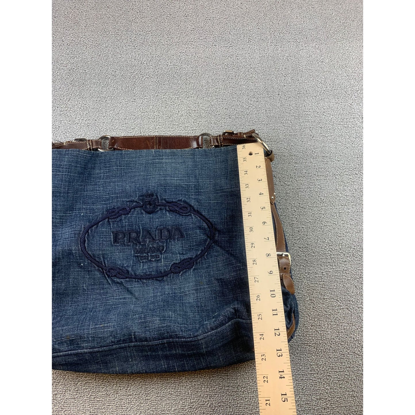 Authentic Prada Milano Blue Women's Washed Denim Logo Hobo Handbag