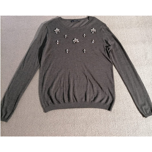 ZARA KNIT Large Female Grey Long Sleeve Rhinestone Embellished Knit Sweater Chic