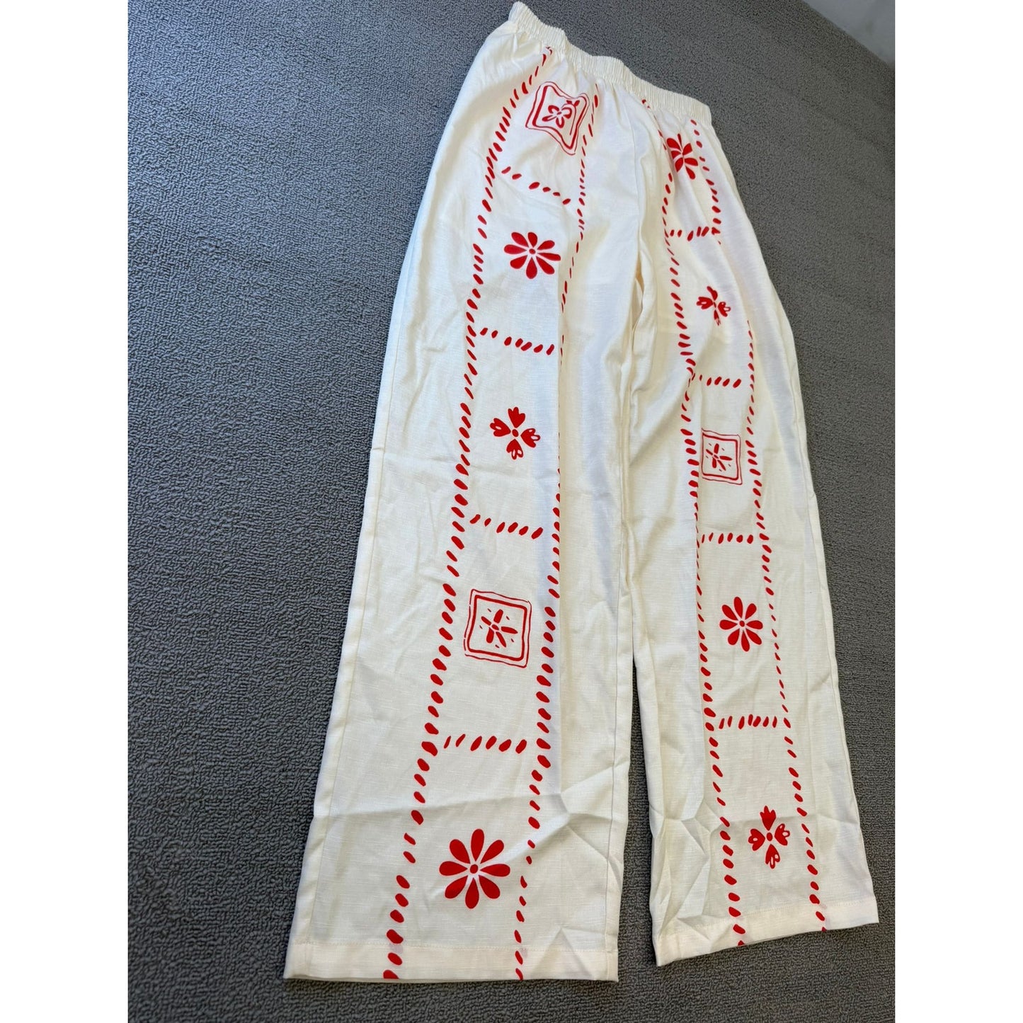 White Red Patterned Co Ord Set Womens Small Vest Wide Leg Pants Polyester