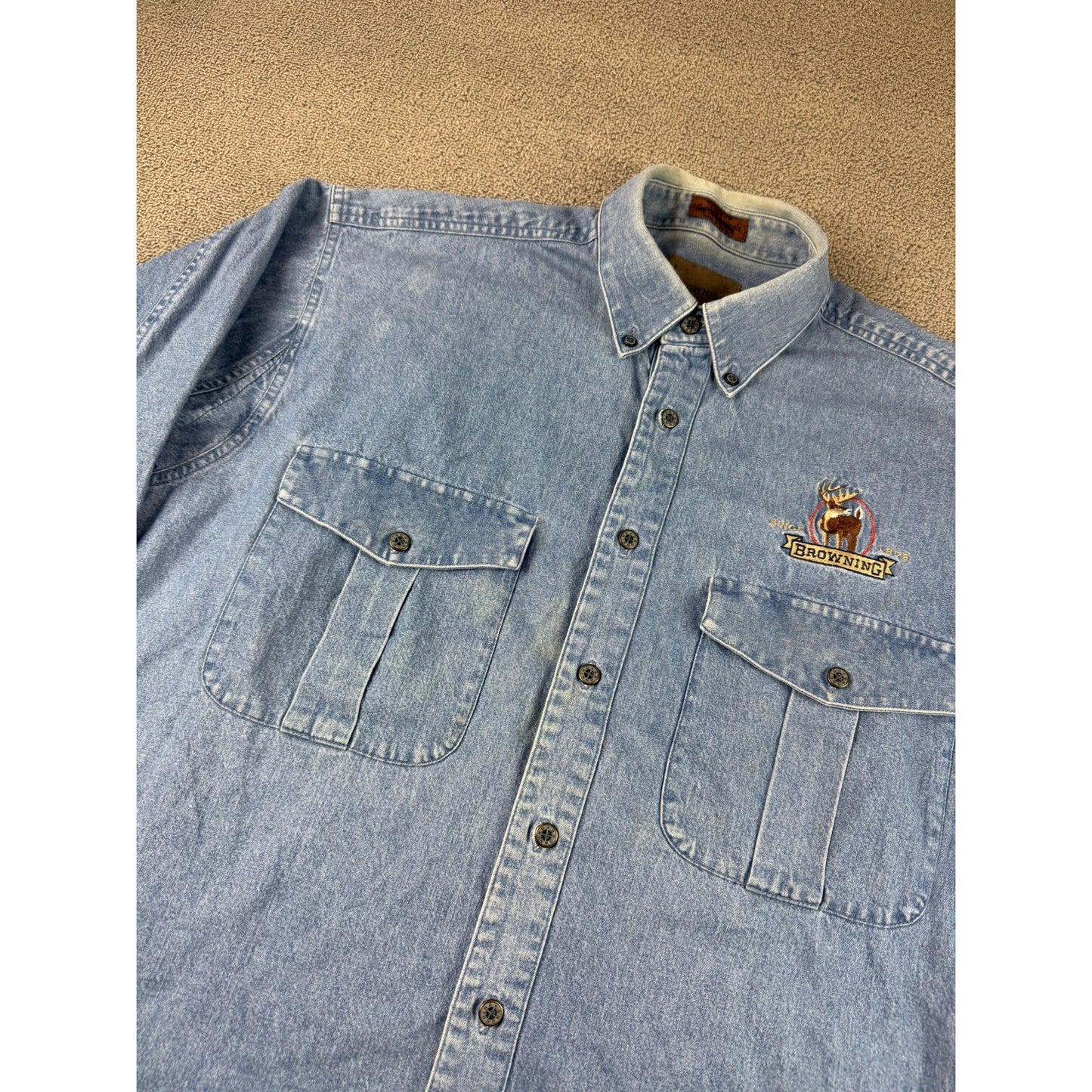 Browning Men’s Denim Button Down Shirt Large Embroidered Buck Logo Macau 90's