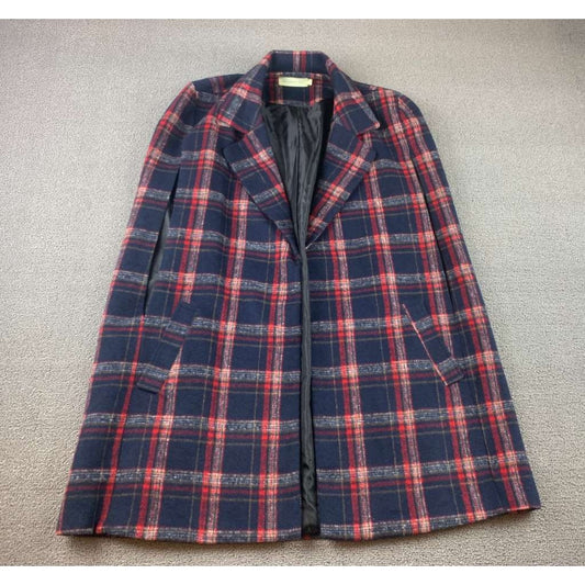 Love & Other Things Women M Navy Red Plaid Over Coat With Pockets