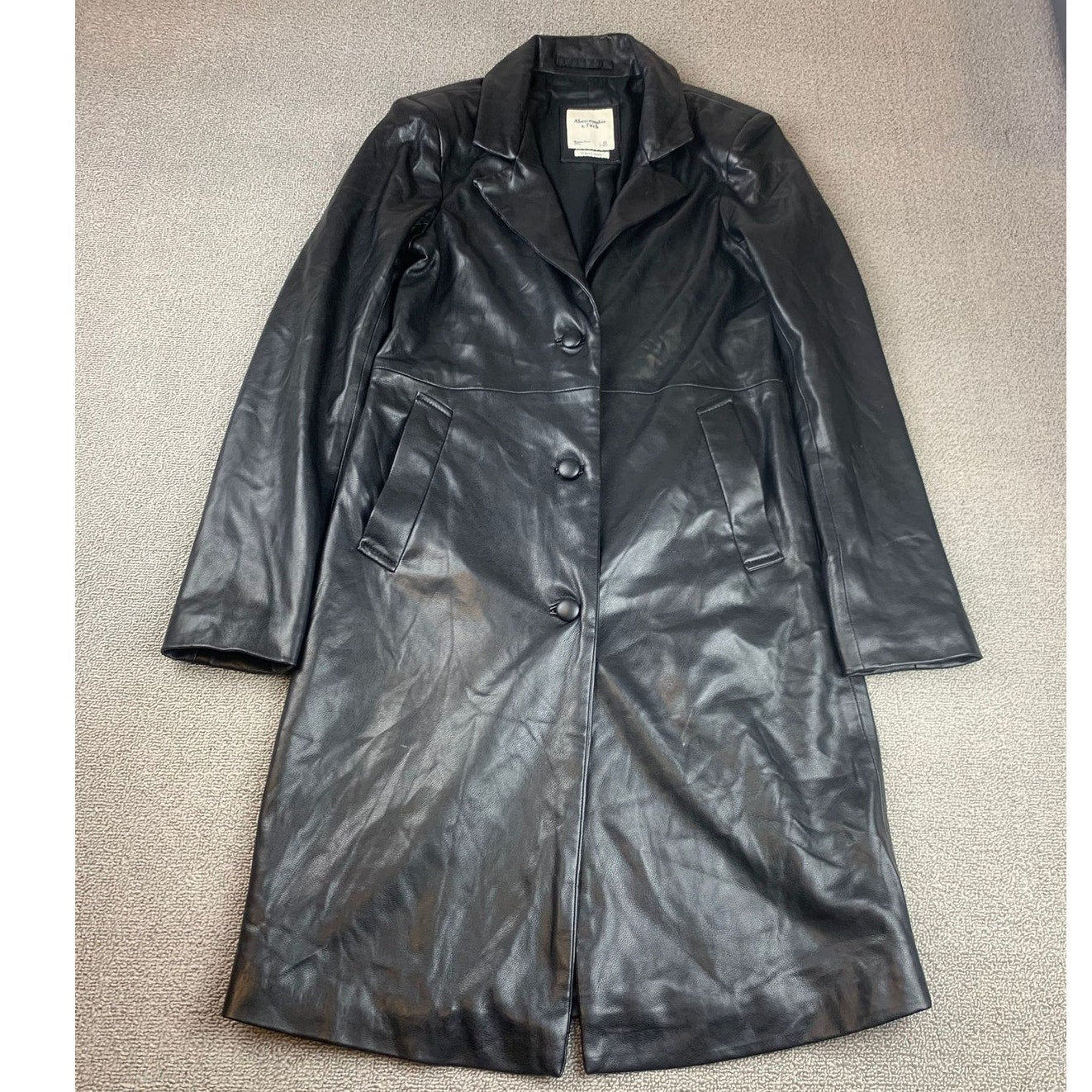 Abercrombie and Fitch Vegan Leather Coat Womens XS Black Longline 3 Button