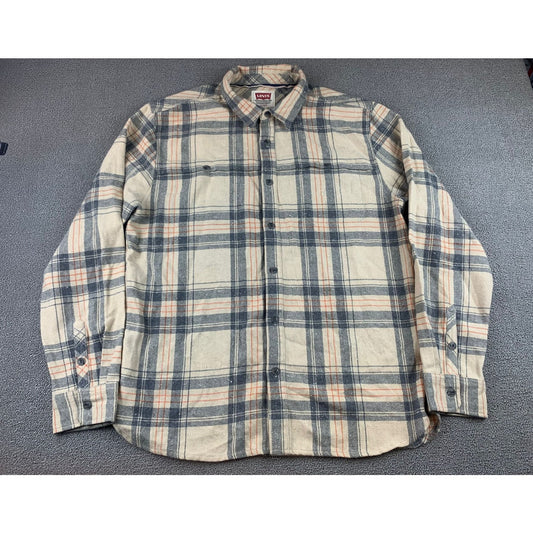 Levis Shirt Men's XL Beige Tan Plaid Flannel Wool Blend Button Up Shacket