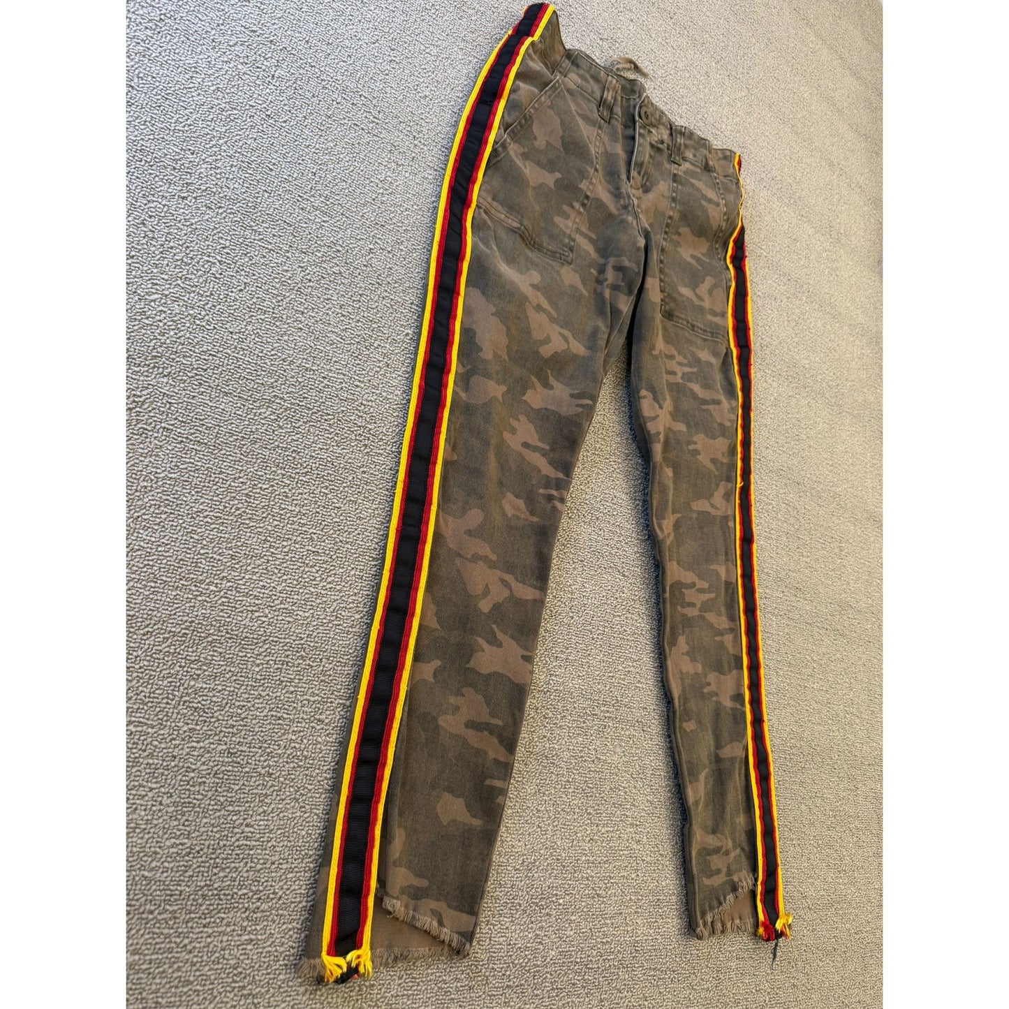 PAM & GELA Women's 24 Camo Camouflage Red Yellow Stripe Distressed Pants