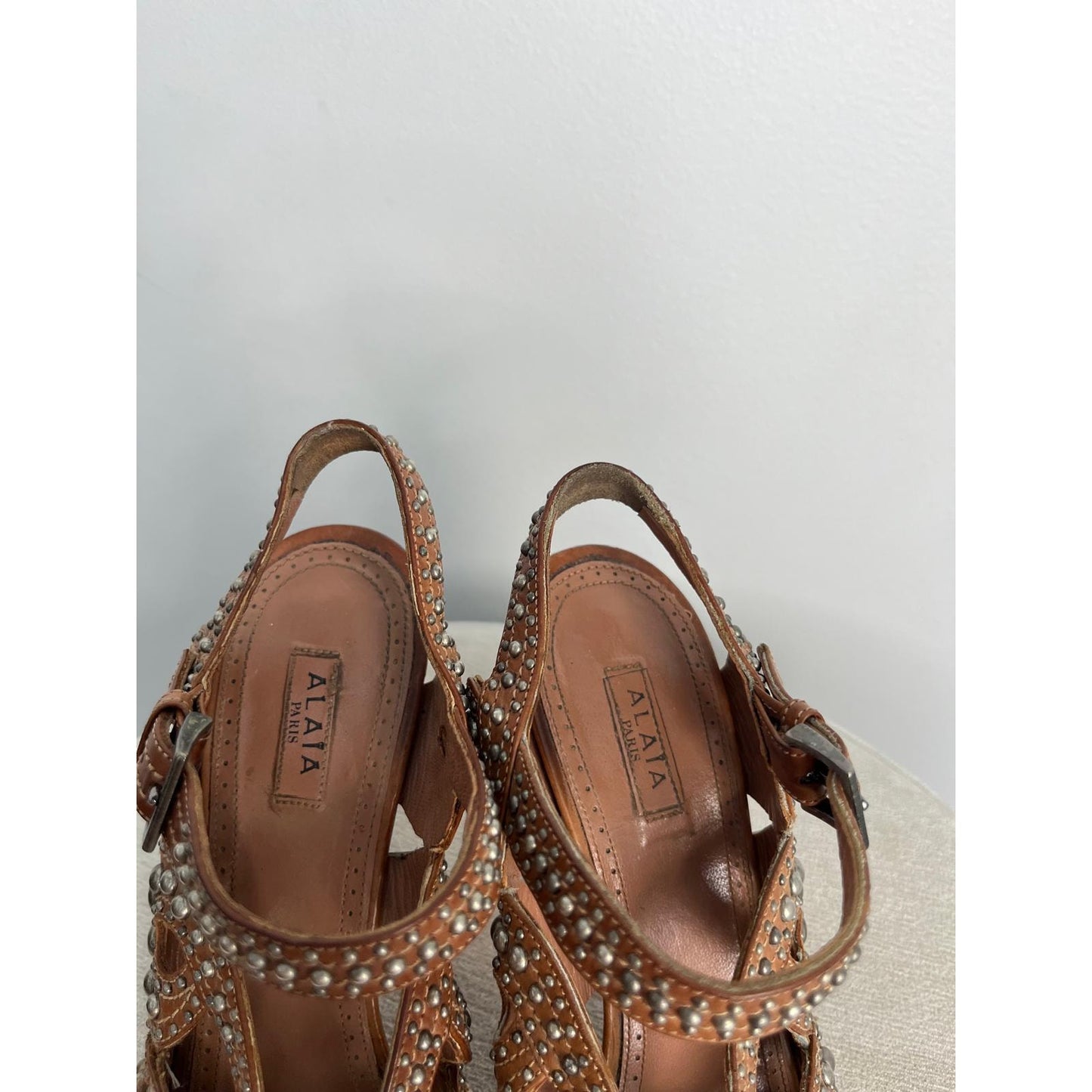 Alaia Studded Leather Heeled Sandals Women US8 Brown Strappy High Heel