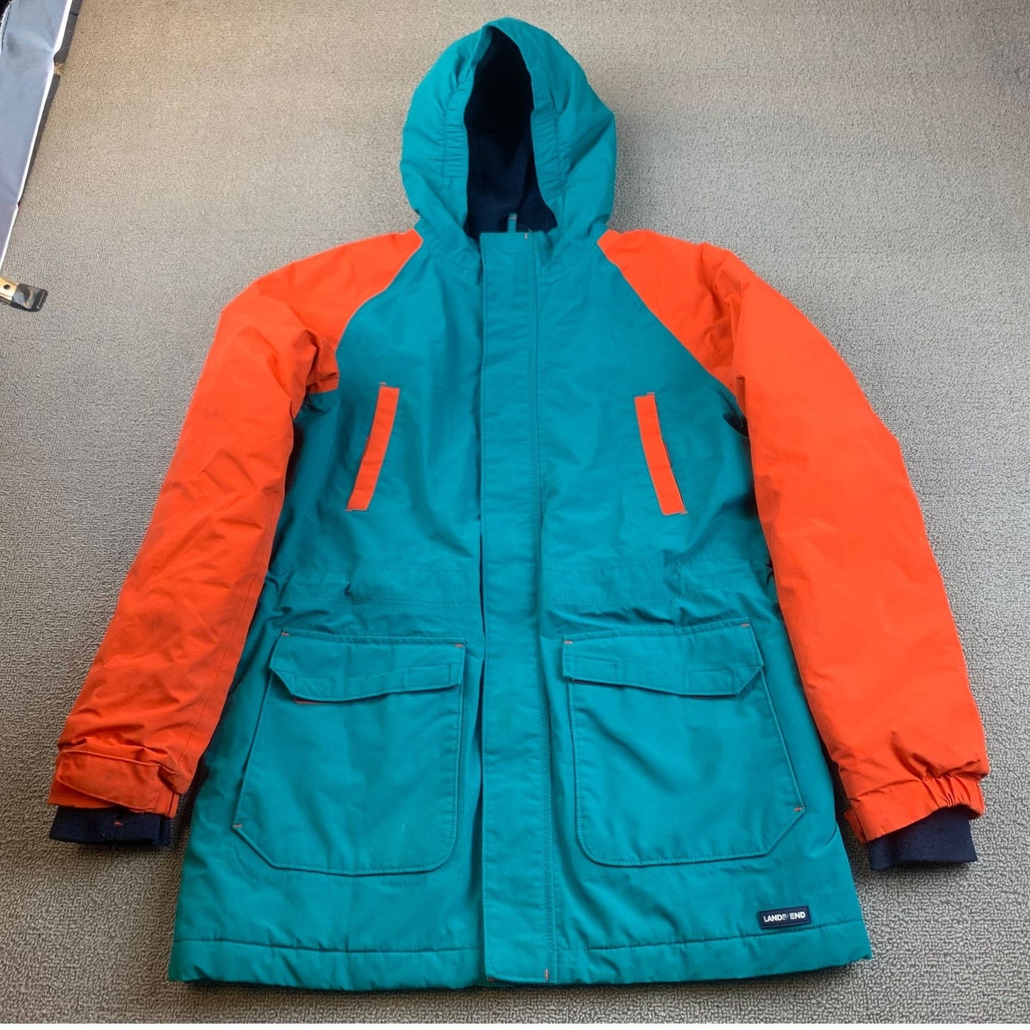 Lands' End Boy's Large 14-16 Orange Blue Teal Waterproof Hooded Parka Jacket