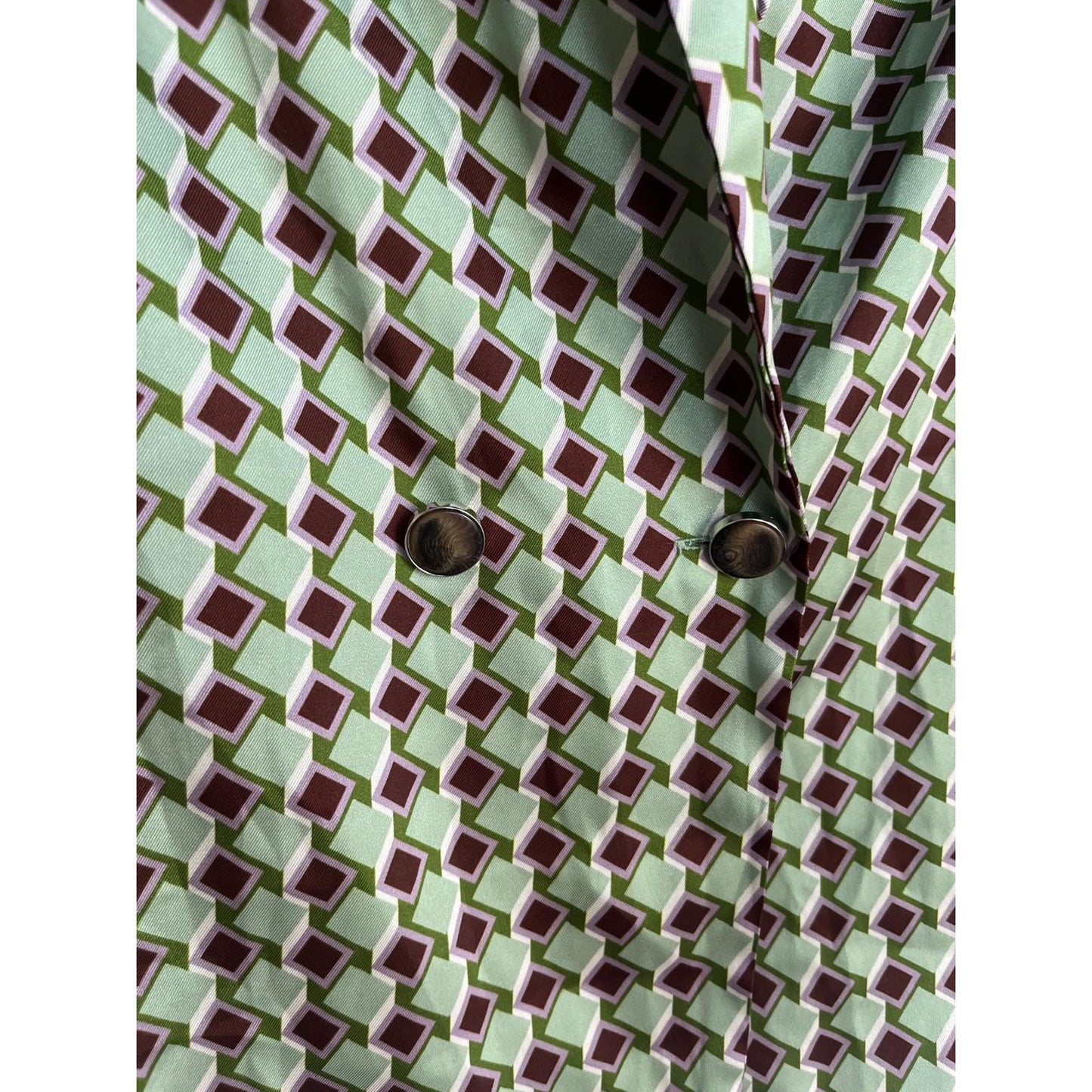 MNG Geometric Blazer Women M Green Brown Satin Diamond Print Lightweight Retro