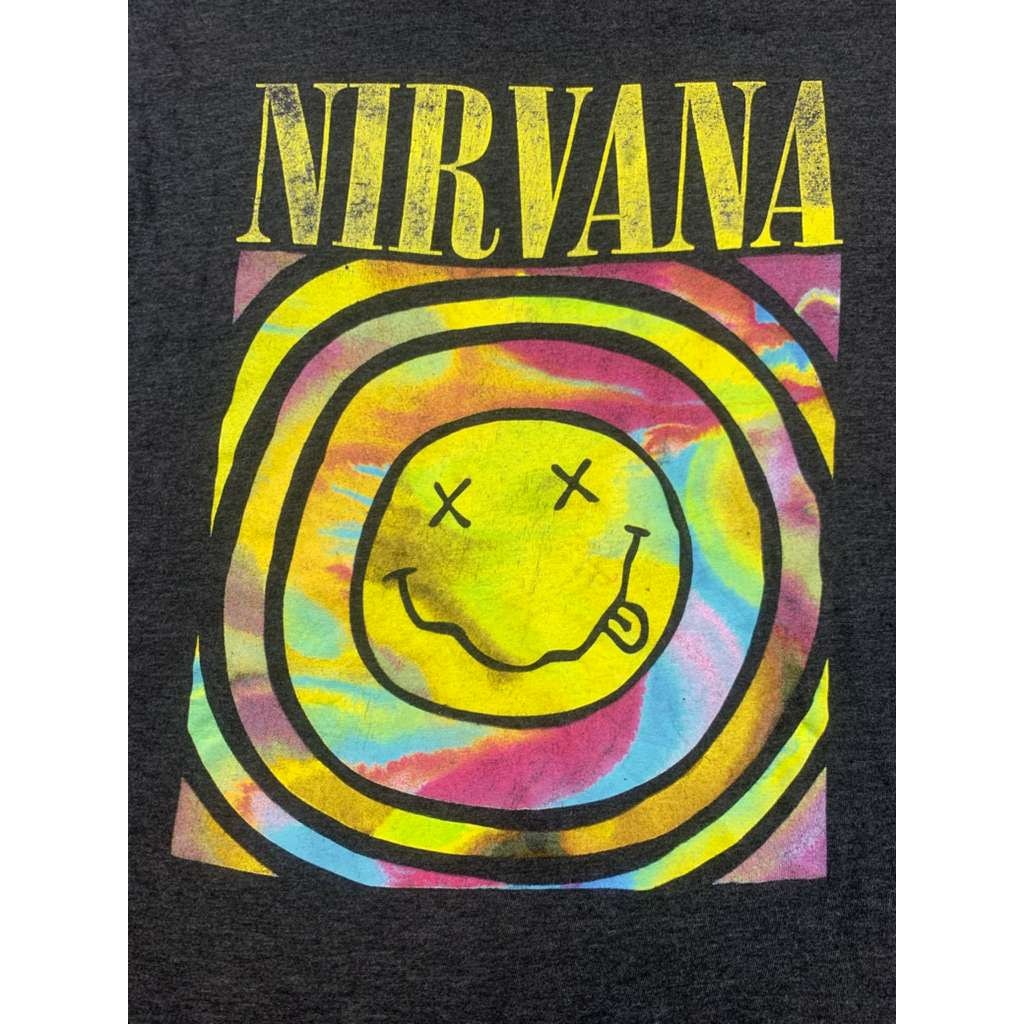 Nirvana Men's Large Charcoal Black Tie Dye Smiley Face Graphic Band T Shirt