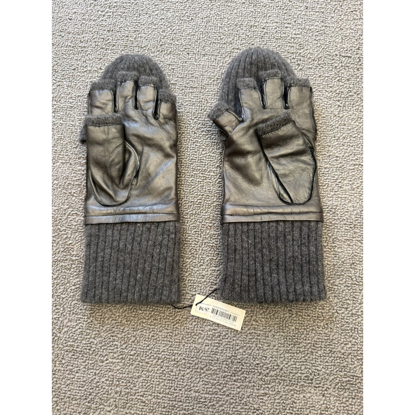 Carolina Amato Women's S/M Gray Cashmere Blend Knit Mittens Leather NWT