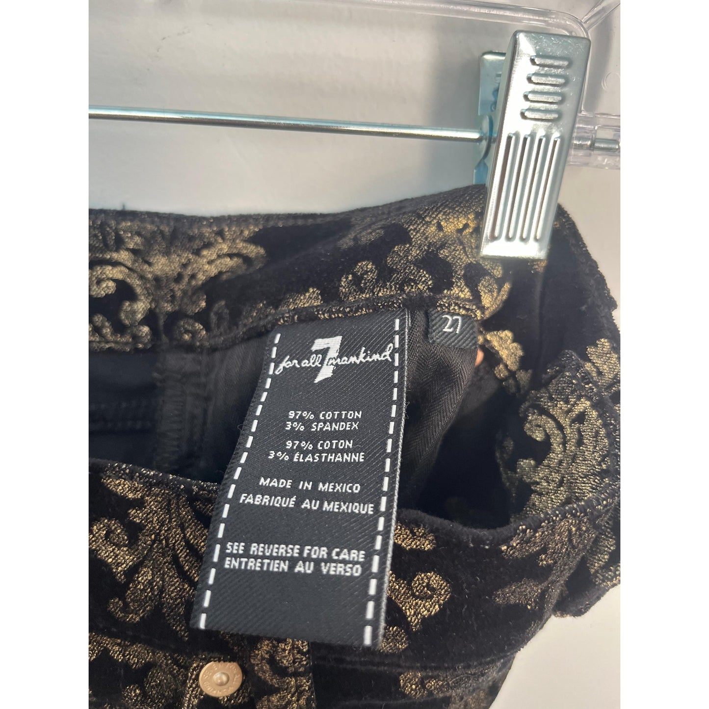 7 For All Mankind Velvet Pants Women 27 Black Gold Baroque Skinny Stretch