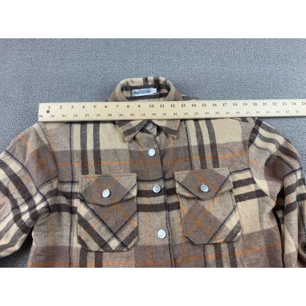 BoutiKome Plaid Shacket Womens S Tan Brown Brown Plaid Button Flannel Pockets