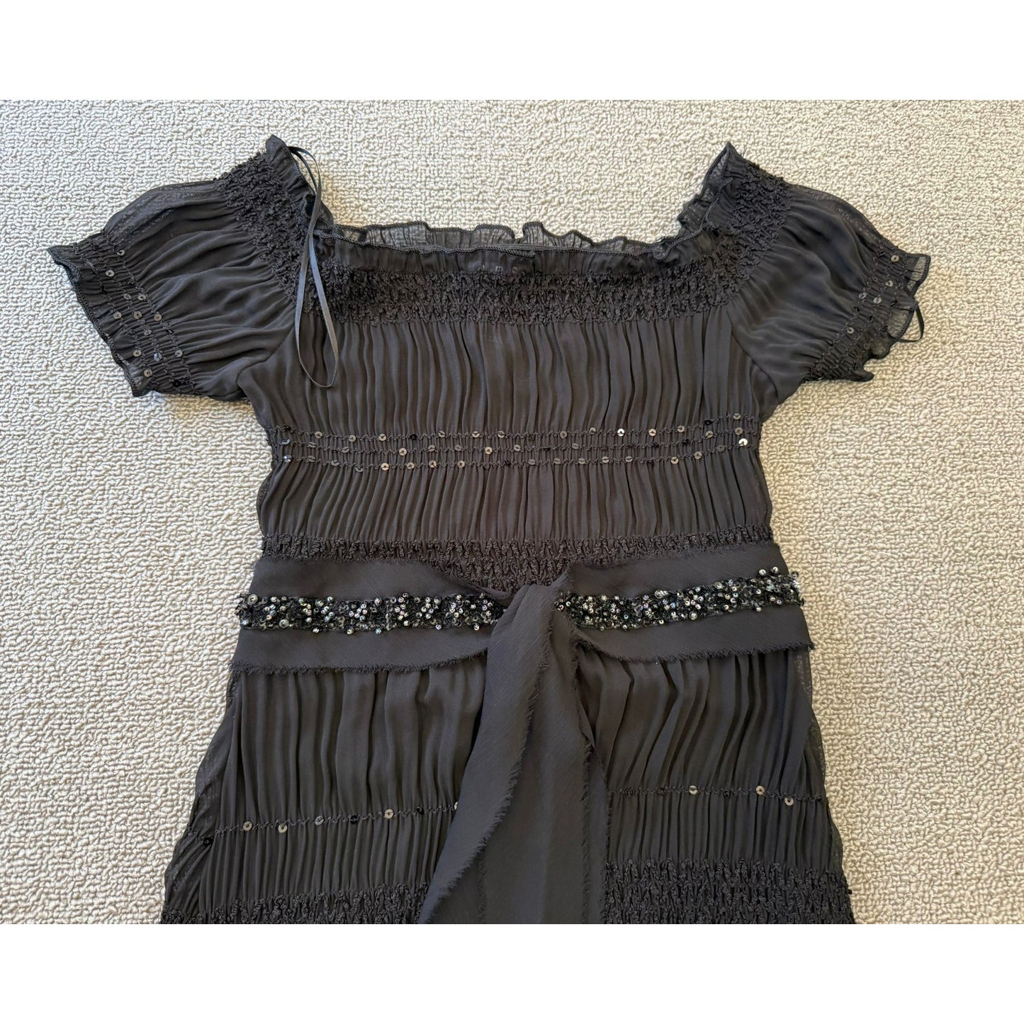 ABS Allen Schwartz Women XXS Sheer Black Sequin Beaded Tiered Ribbon Tie Dress