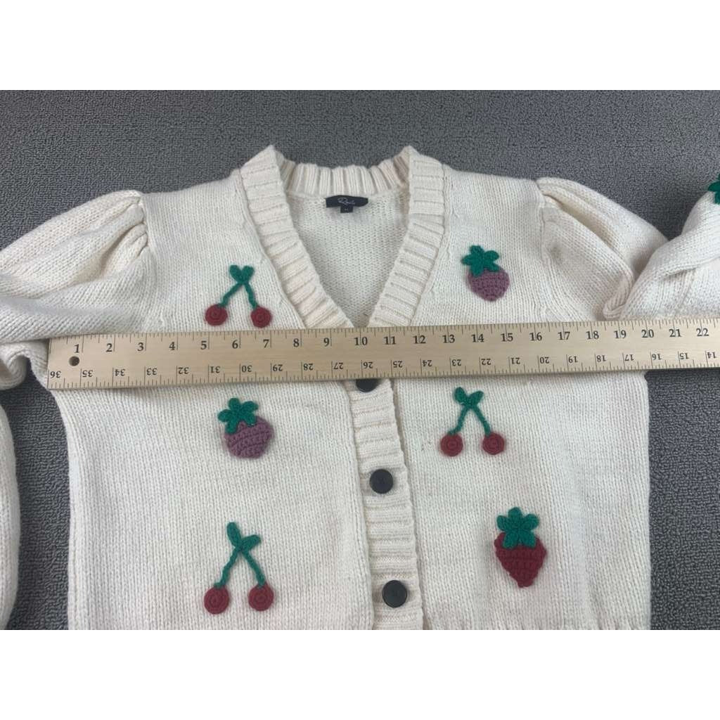 Rails Cardigan Women M Cream Button Front Cherry Strawberry Knit Puff Sleeve