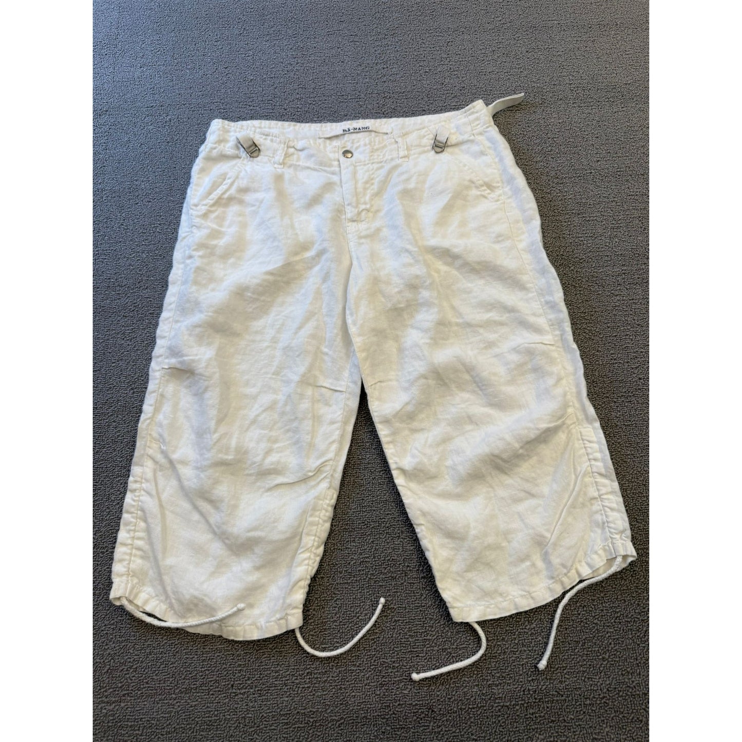 Dā Nang Women Medium White Linen Capris Pants Adjustable Hem