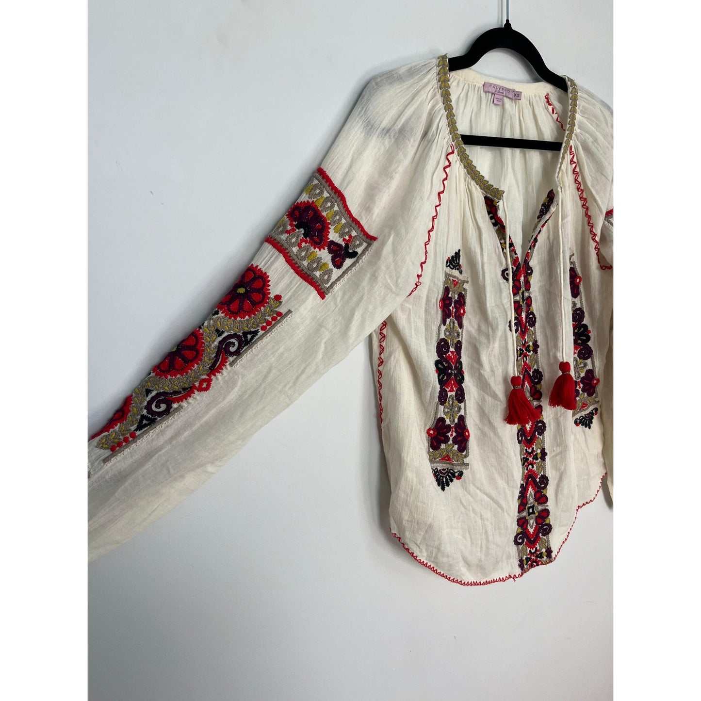 Calypso St Barth Embroidered Boho Blouse Women XS Cream Red Peasant Top