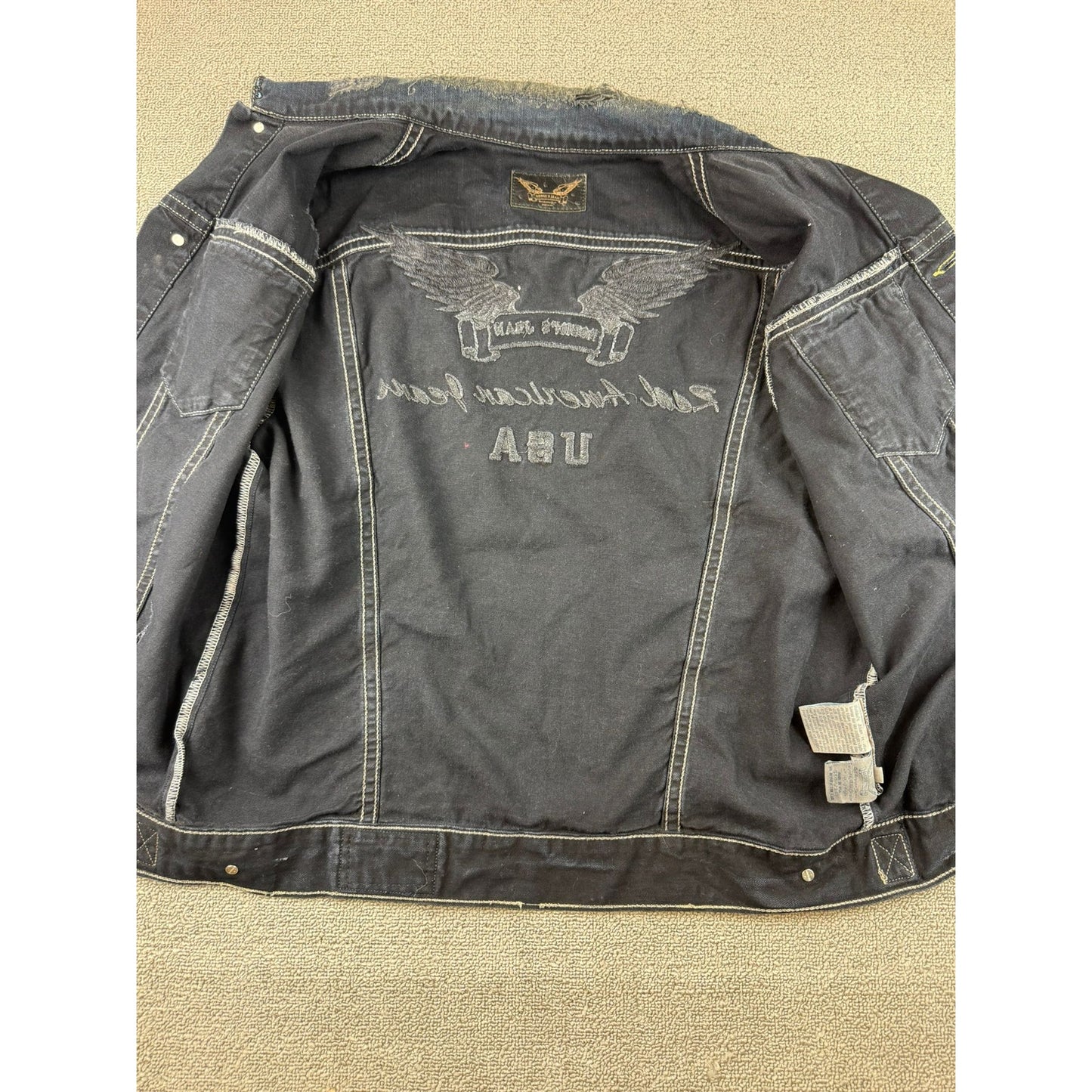 Robin’s Jean XL Denim Vest Distressed Wings Embroidery USA Rhinestone Collar