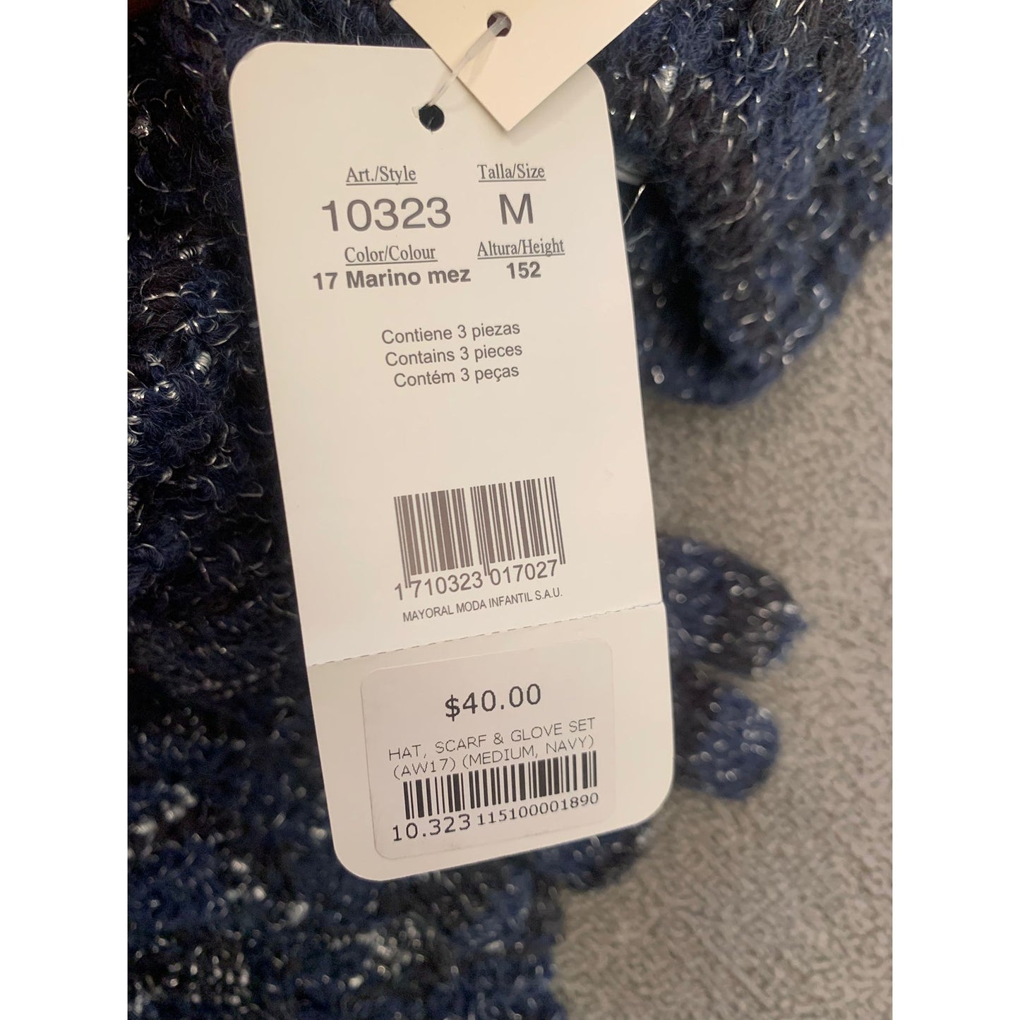 Mayoral Women Size M Navy Blue Metallic 3 in 1 Set Hat Scarf Gloves NWT