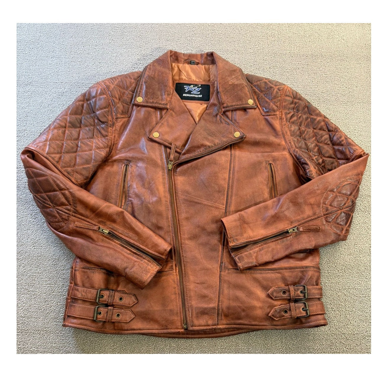 FZ Merchandise Large Men's Brown Leather Motorcycle Jacket Quilted Shoulders