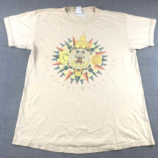 Vinatge Disney Tan Size Large World Tour Mickey Mouse Park Short Sleeve T Shirt
