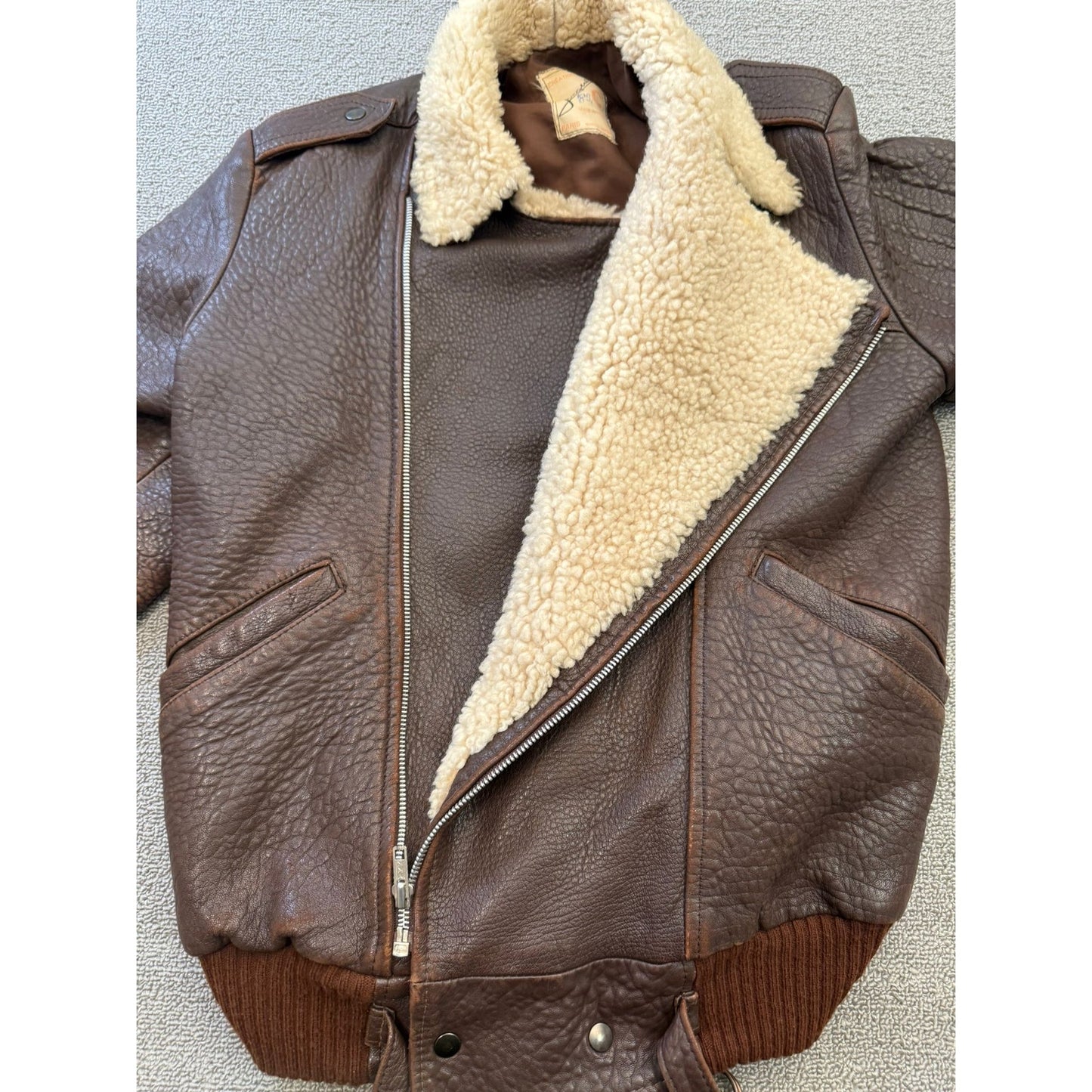 Jacqueline C Paris Leather Bomber Jacket W 36 Shearling Collar Vintage Aviator