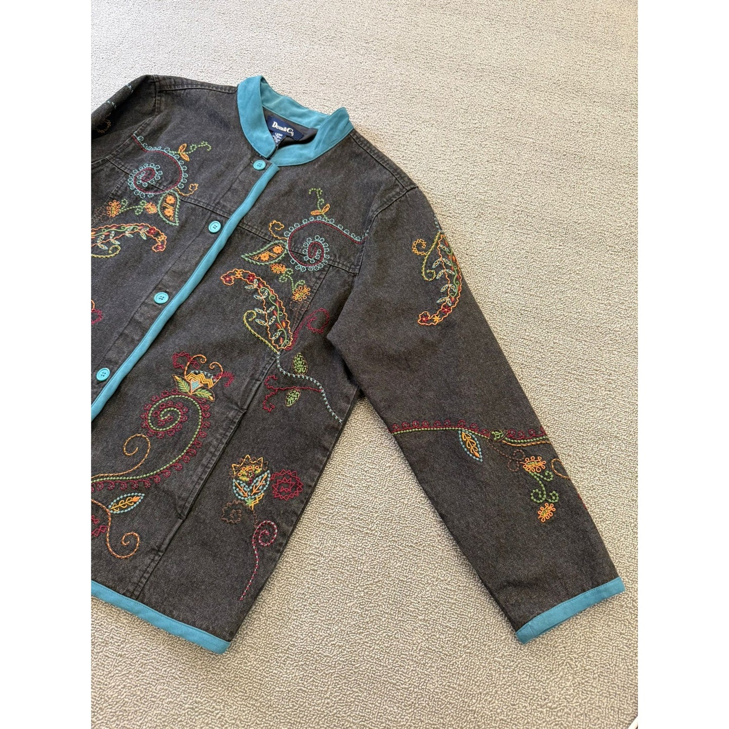 DENIM&CO Women's Large Charcoal Embroidered Denim Jacket
