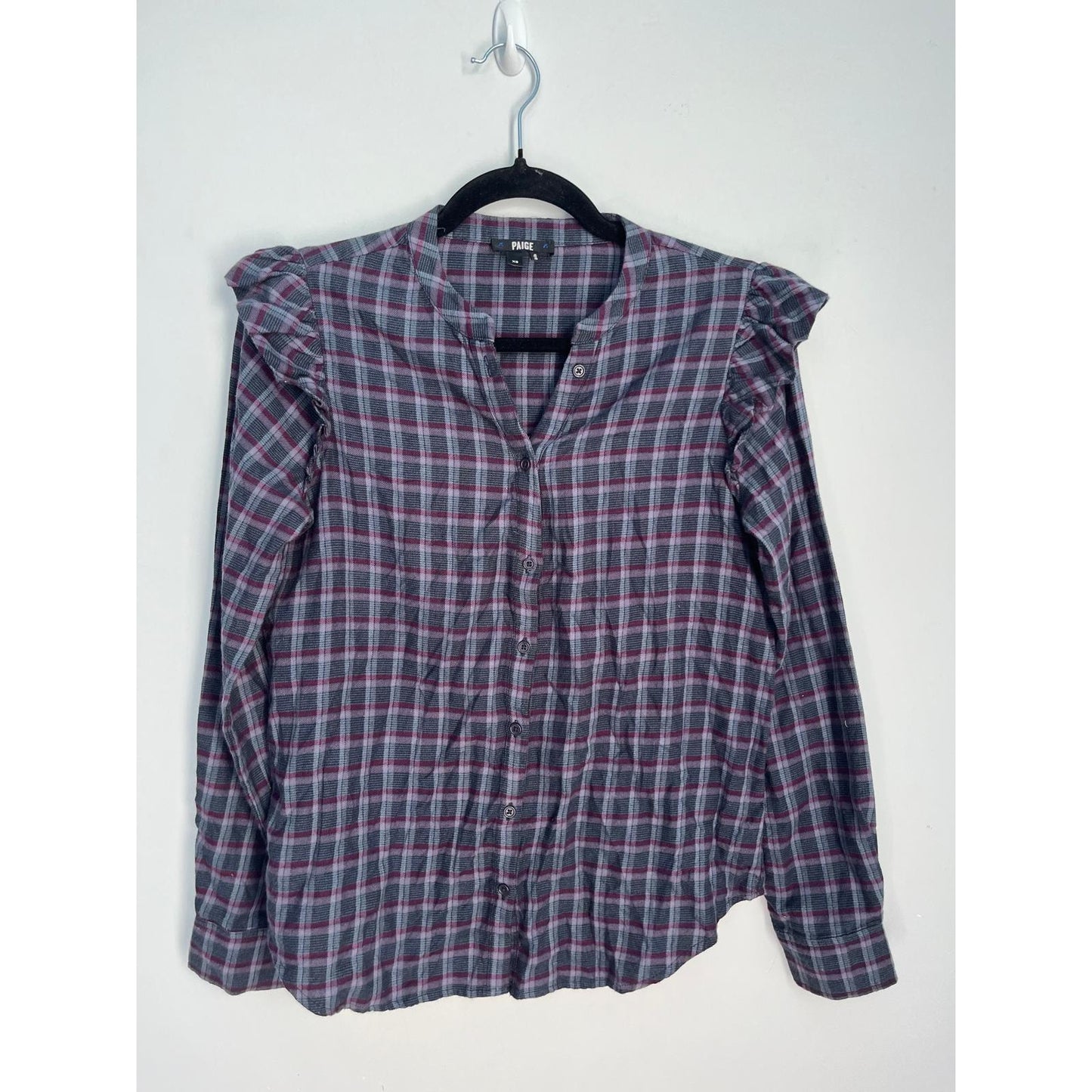 PAIGE Ruffle Shoulder Plaid Button Shirt Women XS Purple Gray Long Sleeve Top