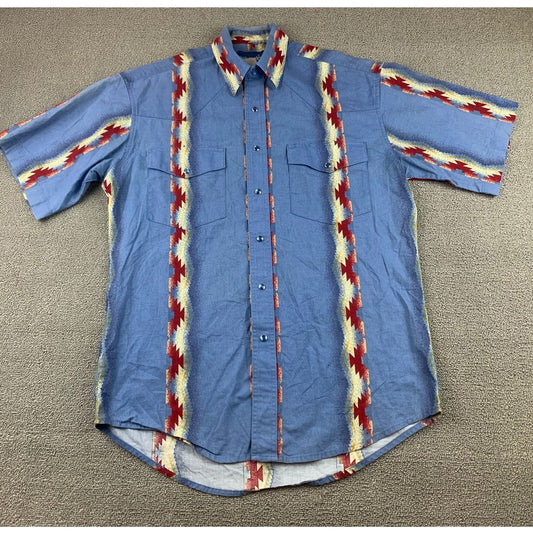 Vintage Wrangler Men's Medium Pearl Snap Brush Popper Shirt Aztec Western Rodeo