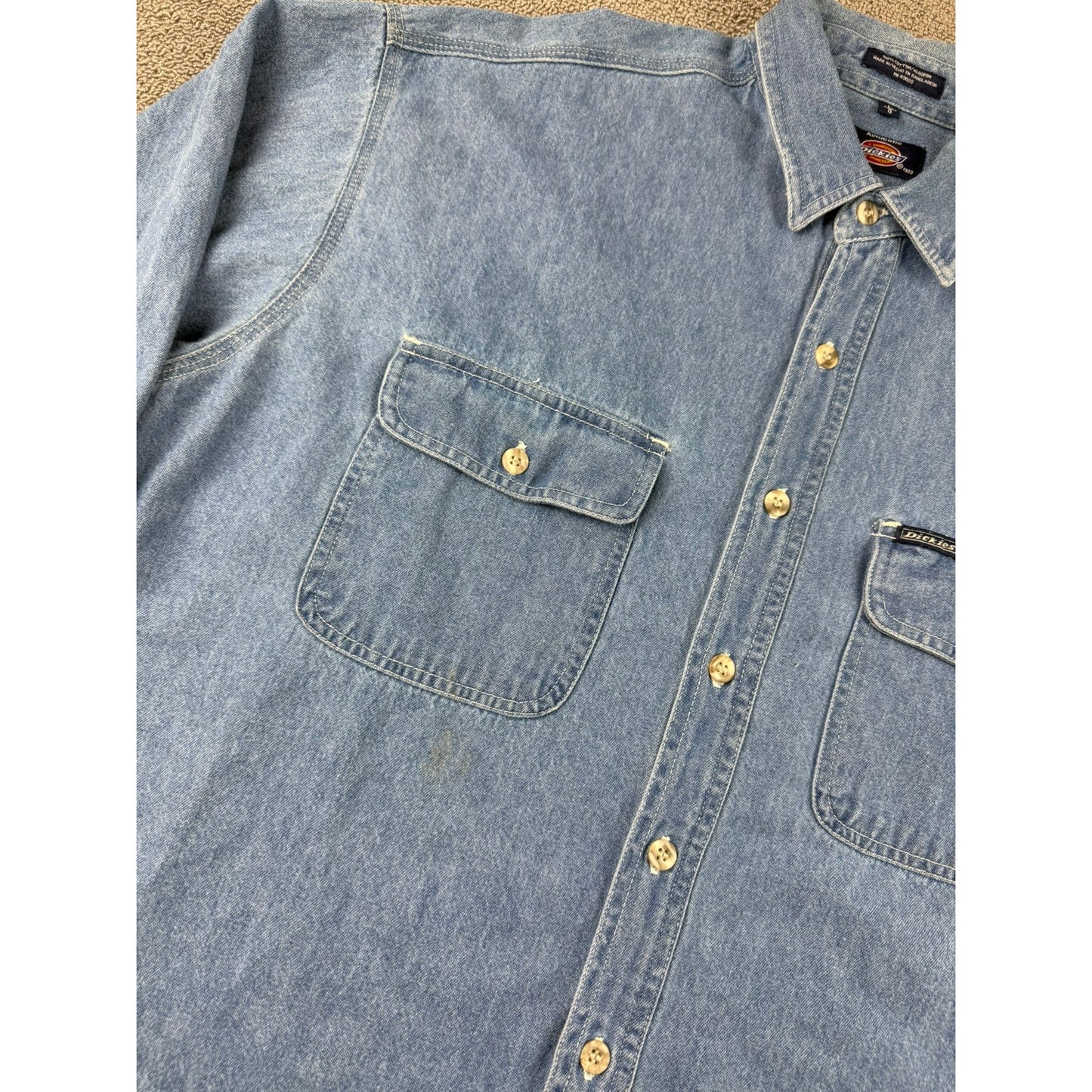 Y2K Dickies Denim Shirt Blue L Button Down Embroidered Auto Erotica Italy Flag