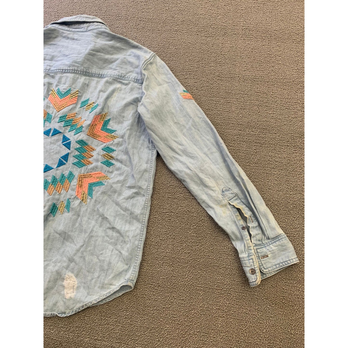 Rails Women's S Light Blue Embroidered Chambray Distressed Shirt