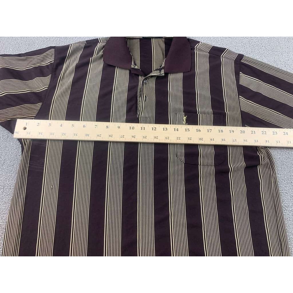 Yves Saint Laurent Polo Men XXL Brown Tan Shirt Vertical Stripe Embroidered Logo
