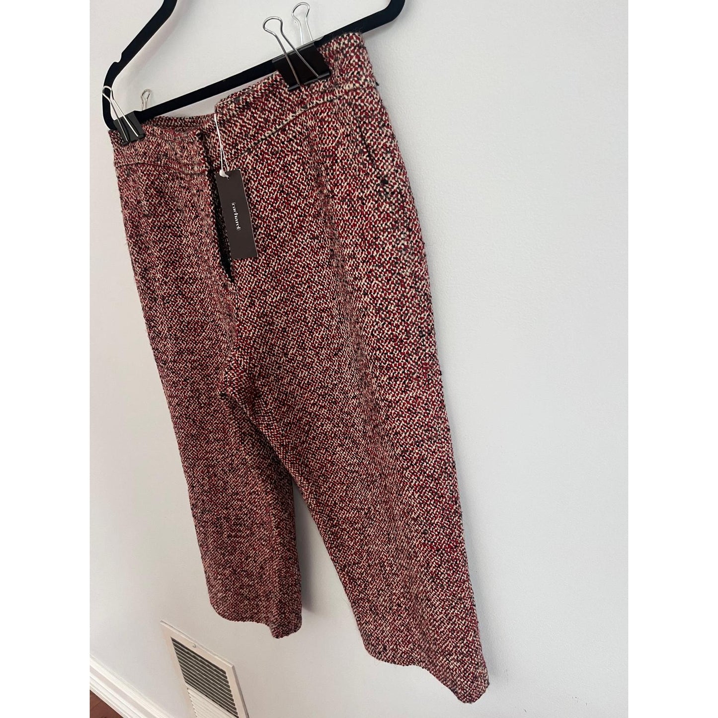 Cacharel Tweed Cropped Pants Women 42 Red Black Wool Blend Bouclé Trousers