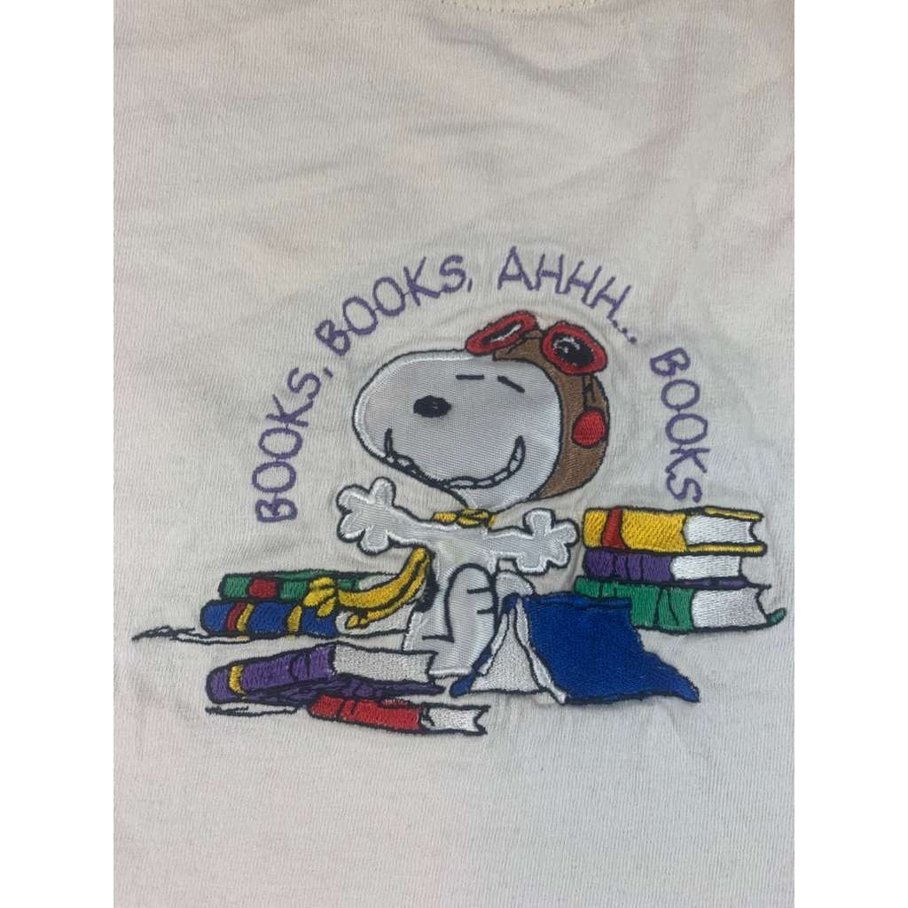 Vintage Peanuts Collection Large White T Shirt Embroidered Snoopy Books Graphic