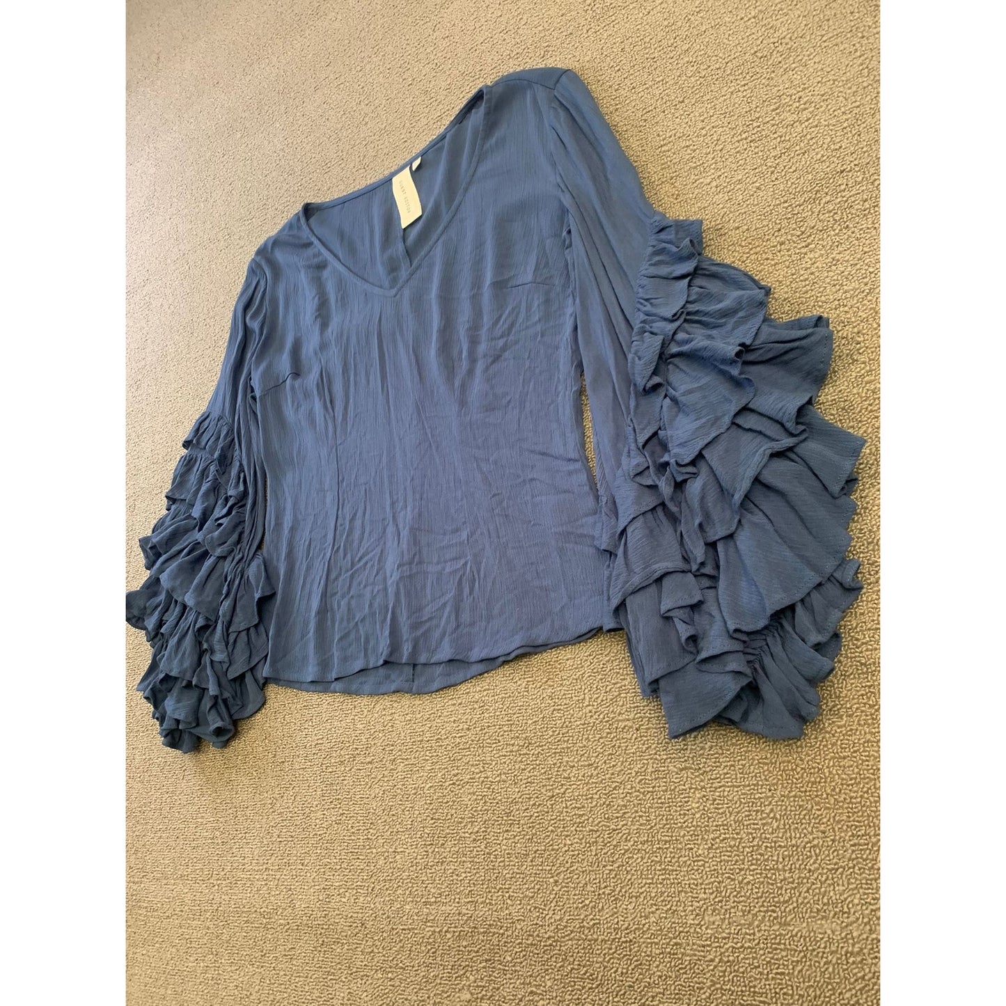 Guest Editor Women's XS Blouse Top Blue Tiered Frill Sleeve Rayon Crepe