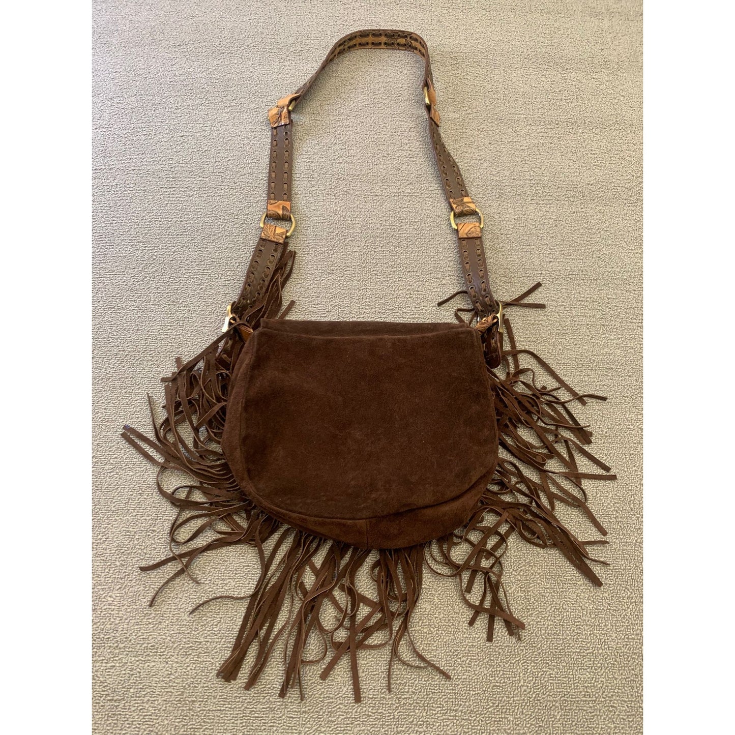 Isabella Fiore Women One Size Brown Suede Fringe Messenger Bag Floral