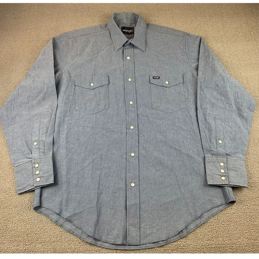 Y2K Wrangler Men's 17x35 Blue Shirt with Western Pearl Snaps Long Sleeve